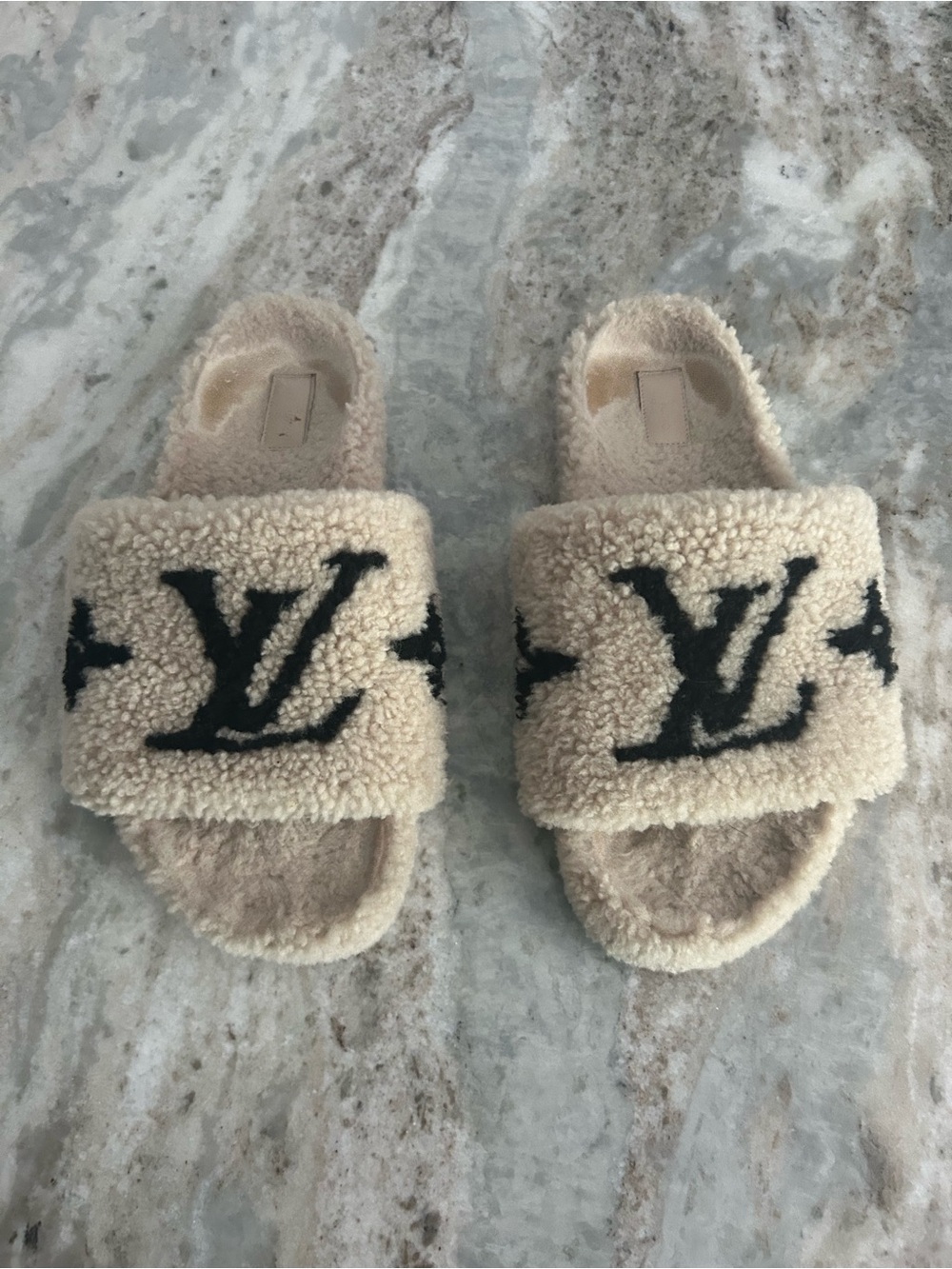 Louis Vuitton Cream Shearling Slide Sandals with Black Soles 10